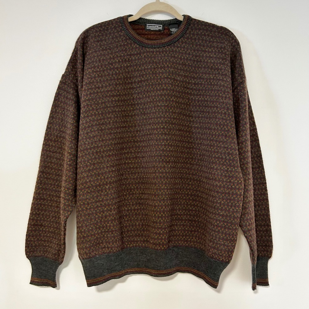Preswick & Moore Mens Brown Geometric Merino Wool Blend Crewneck Sweater Italy L